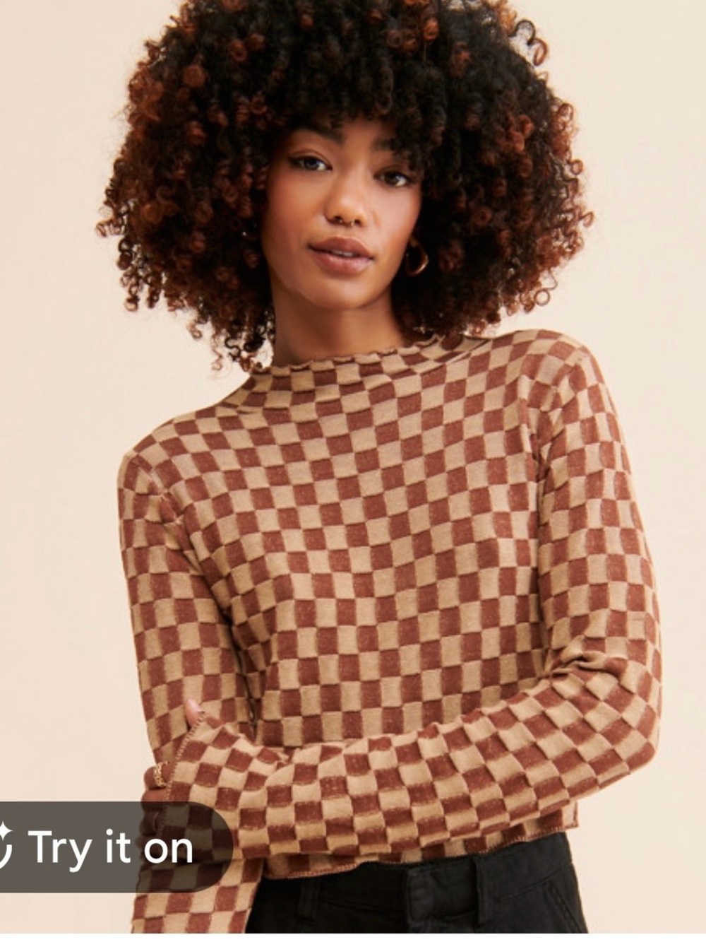 Astr the labelCheckerboard Long-Sleeve Top in Brown and Cream